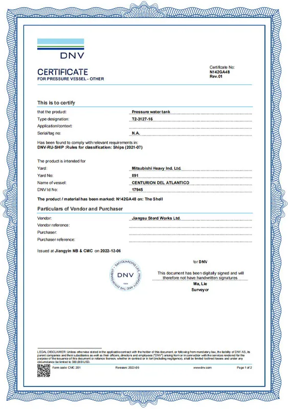 SS pressure tank-DNV certificate SS pressure tank-DNV certificate