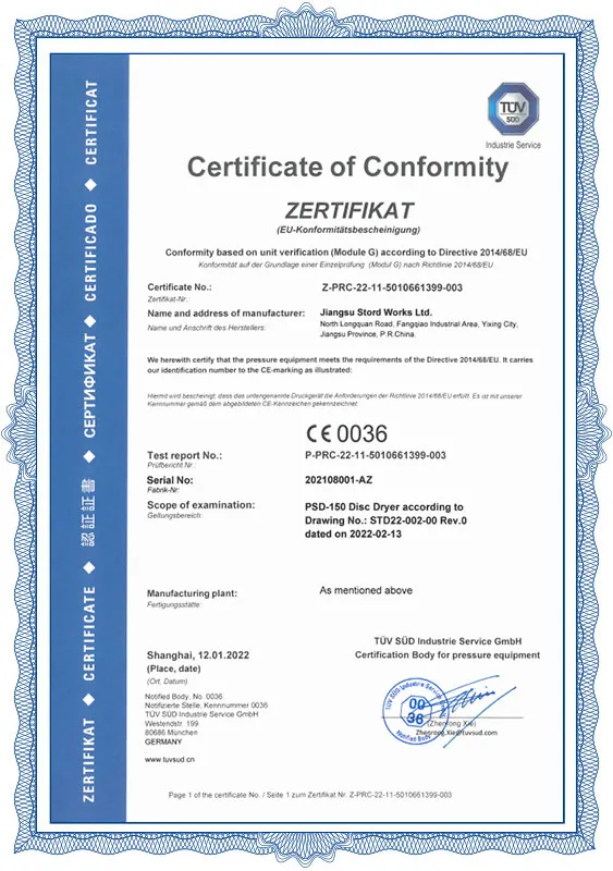 9 PSD-150-Disc Dryer-PED-Model-G Certificate 9 PSD-150-Disc Dryer-PED-Model-G Certificate